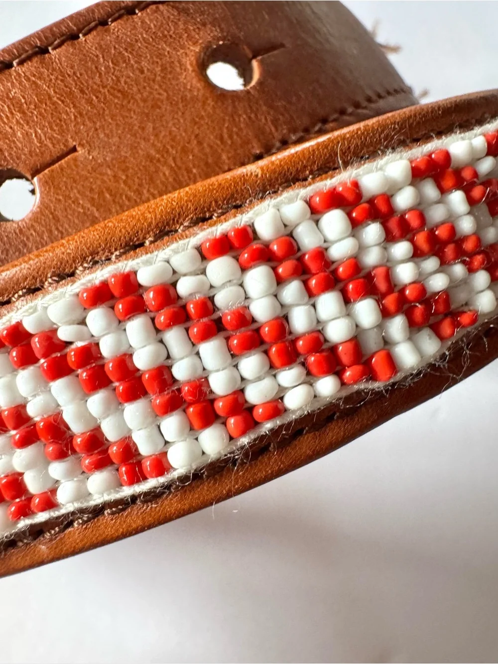 Tory Burch Cognac Leather Beaded Belt with Red and White Beads with TT Buckle XS